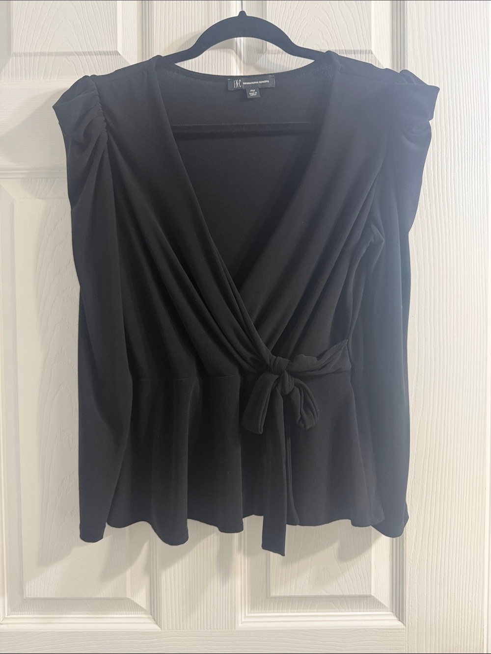 INC International Concepts Black Tie-Waist Wrap Blouse